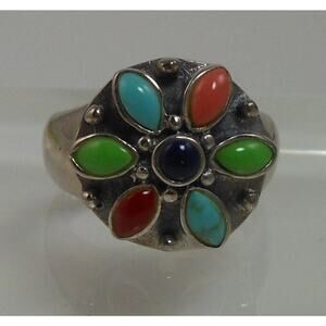 Vintage Designer Sterling Silver Turquoise Coral Garnet Ring - Size 7.75